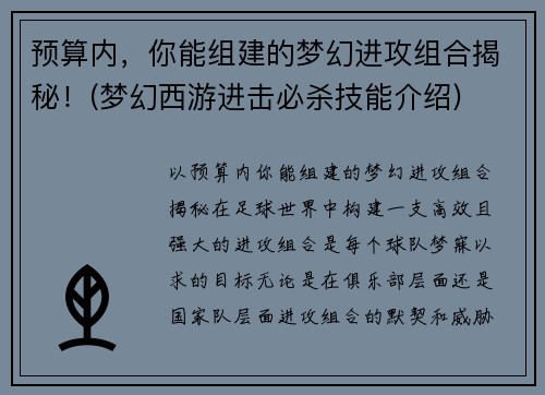 预算内，你能组建的梦幻进攻组合揭秘！(梦幻西游进击必杀技能介绍)