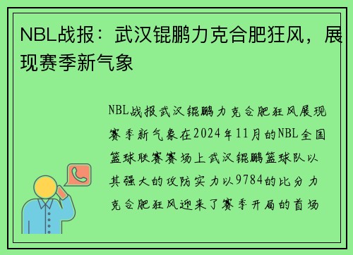 NBL战报：武汉锟鹏力克合肥狂风，展现赛季新气象