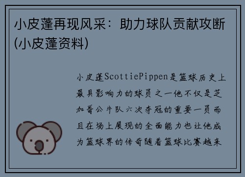 小皮蓬再现风采：助力球队贡献攻断(小皮蓬资料)