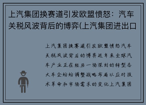 上汽集团换赛道引发欧盟愤怒：汽车关税风波背后的博弈(上汽集团进出口贸易公司)