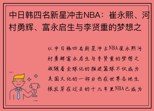 中日韩四名新星冲击NBA：崔永熙、河村勇辉、富永启生与李贤重的梦想之旅