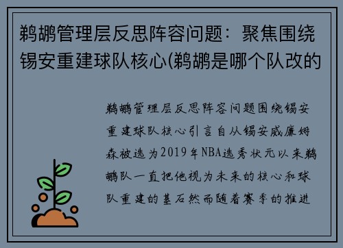 鹈鹕管理层反思阵容问题：聚焦围绕锡安重建球队核心(鹈鹕是哪个队改的)