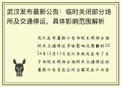 武汉发布最新公告：临时关闭部分场所及交通停运，具体影响范围解析